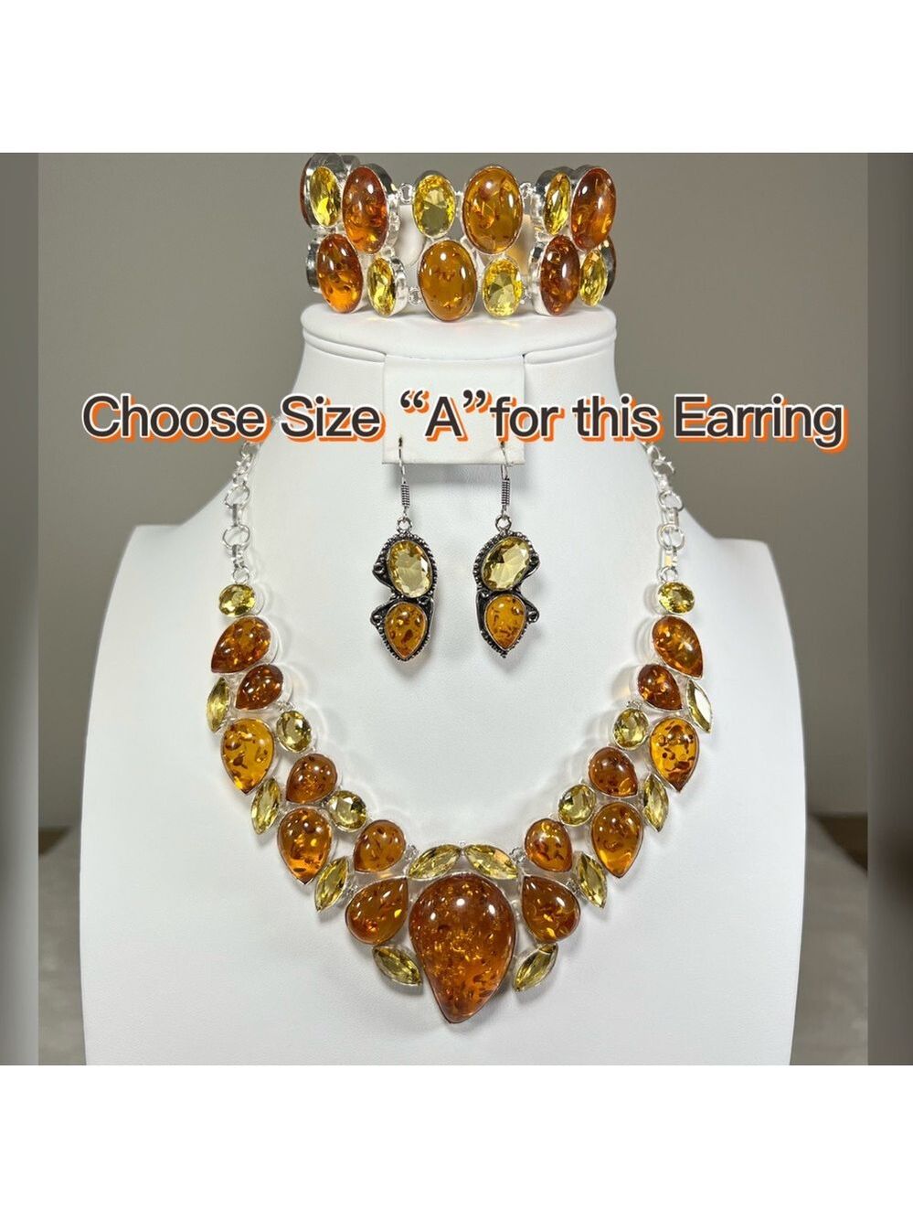 Amber & Citrine 925 Large synthetic stones Necklace Bracelet & ONE Earring ONLY - Picture 3 of 17